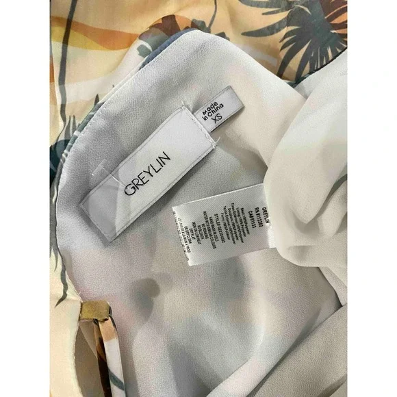 GREYLIN Tropical Palm Tree Cowl Neck Slip Dress Blue Tan XS - Picture 5 of 7